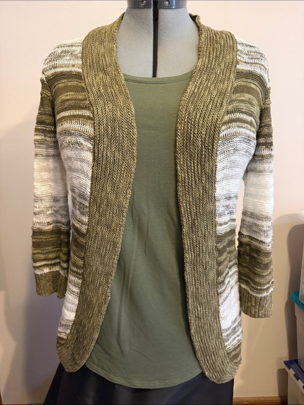 Dress Barn Open-Front Olive Green Striped Knit Cardigan Sweater